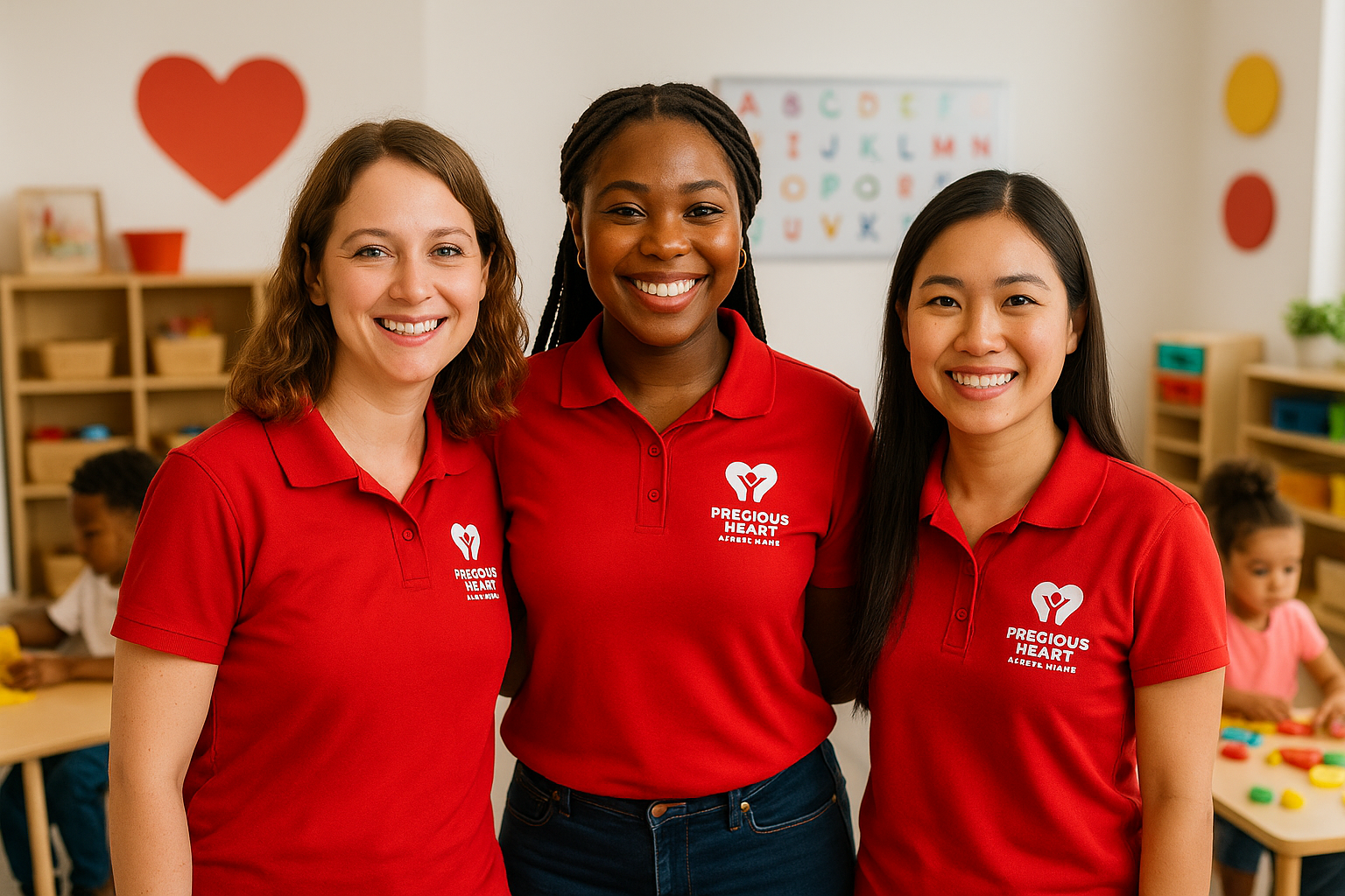 Friendly daycare staff in logo shirts in a bright, modern classroom