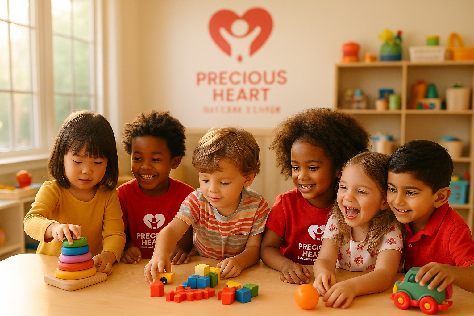 Children smiling and playing in a bright classroom