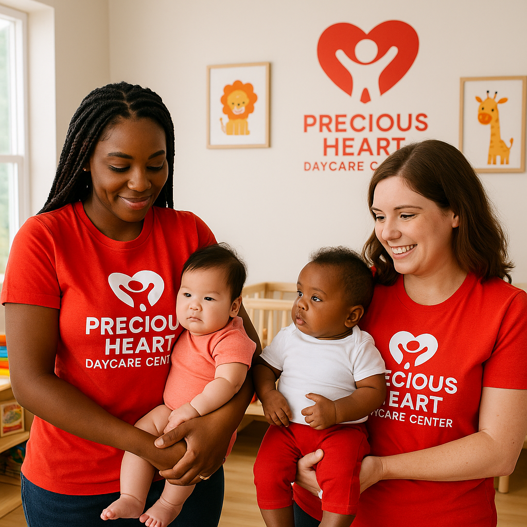 Caregivers holding infants in a cozy branded nursery