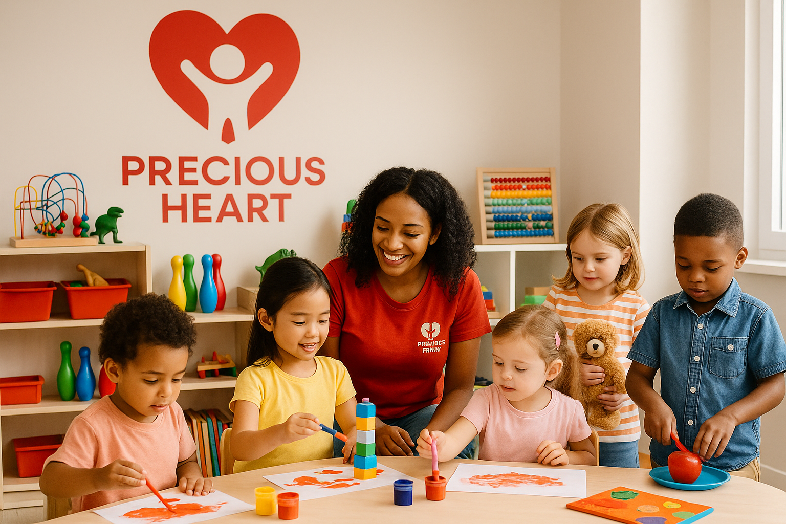 Preschoolers painting and creating art in a bright classroom