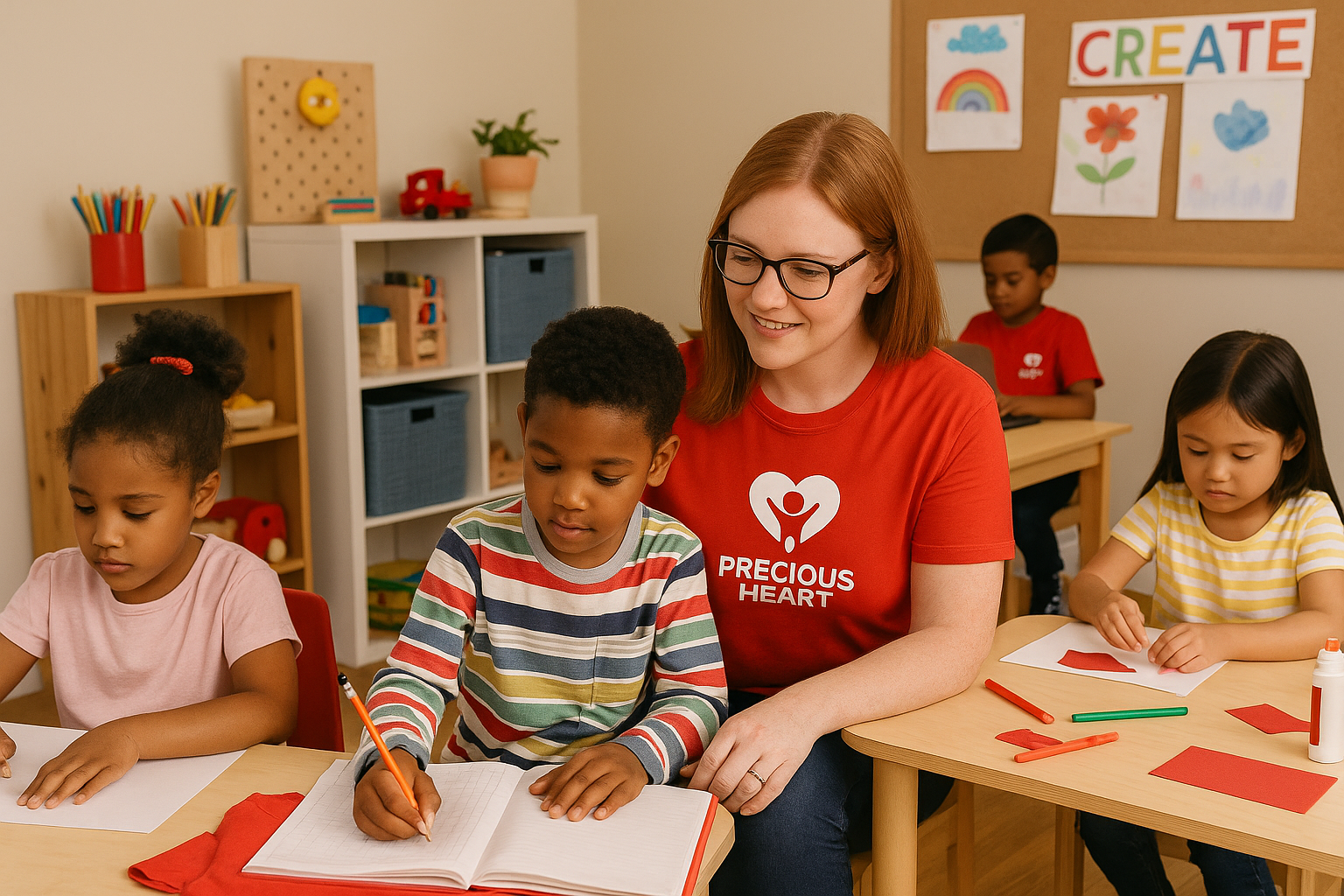 School-age children doing homework and crafts