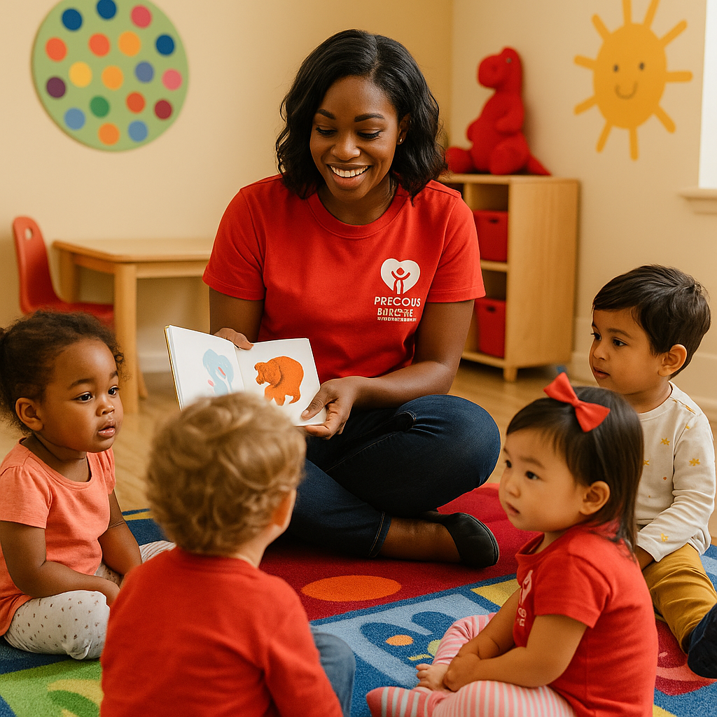 Toddlers engaged in storytime with a smiling teacher